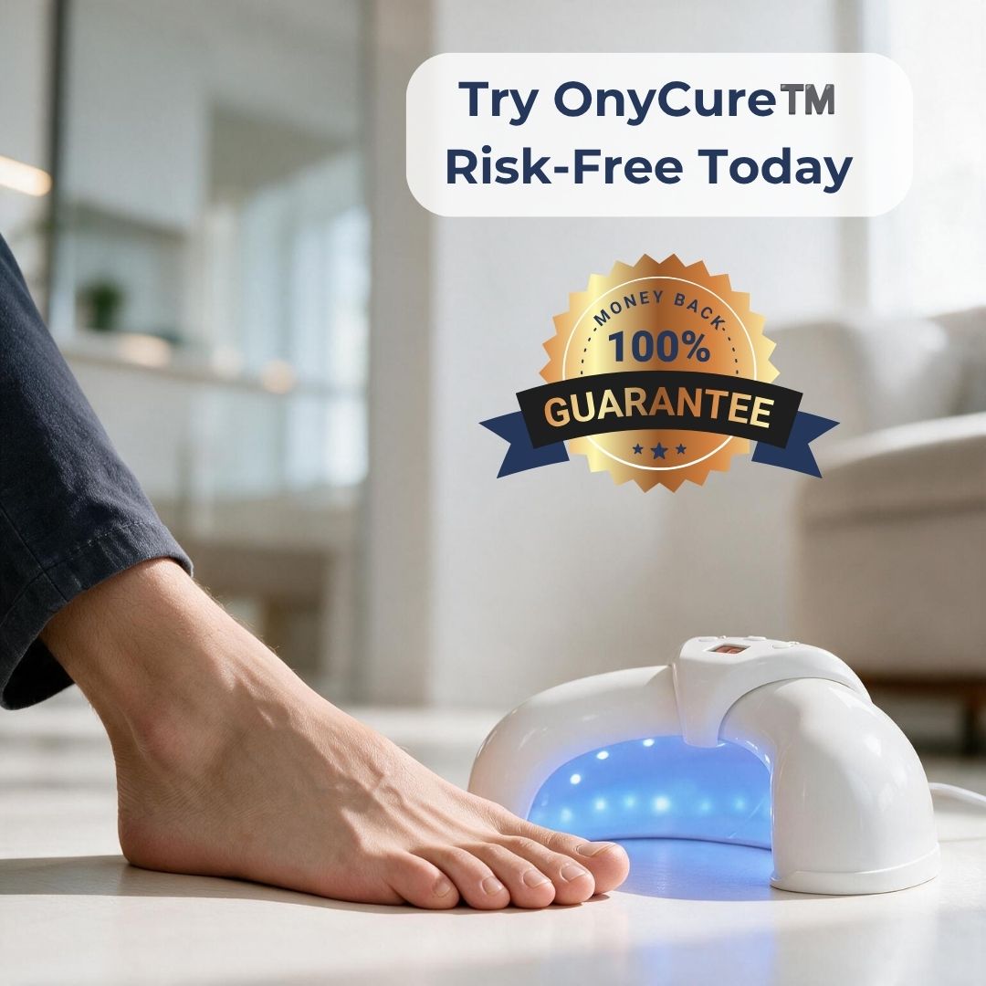 A close-up of a person's bare foot resting inside a white OnyCure UV LED foot treatment lamp that glows blue, set on a light floor in a modern living room. Promotional text overlays read 'Try OnyCure TM Risk-Free Today' and '100% Guarantee Money Back'.