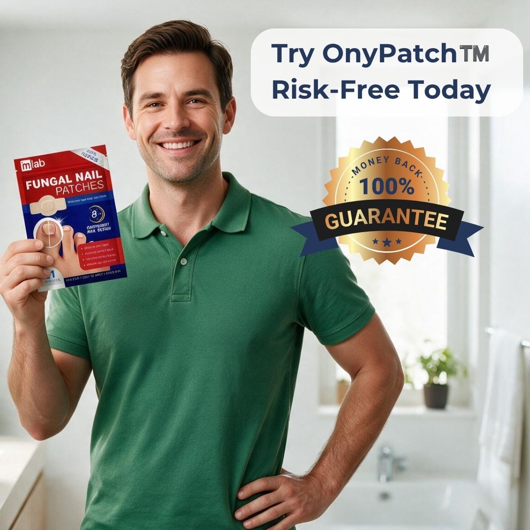 A smiling man in a green polo shirt holds a package of OnyPatch Fungal Nail Patches in a bright bathroom setting. Promotional text reads 'Try OnyPatch TM Risk-Free Today' and a gold '100% Guarantee' badge appears on the right.