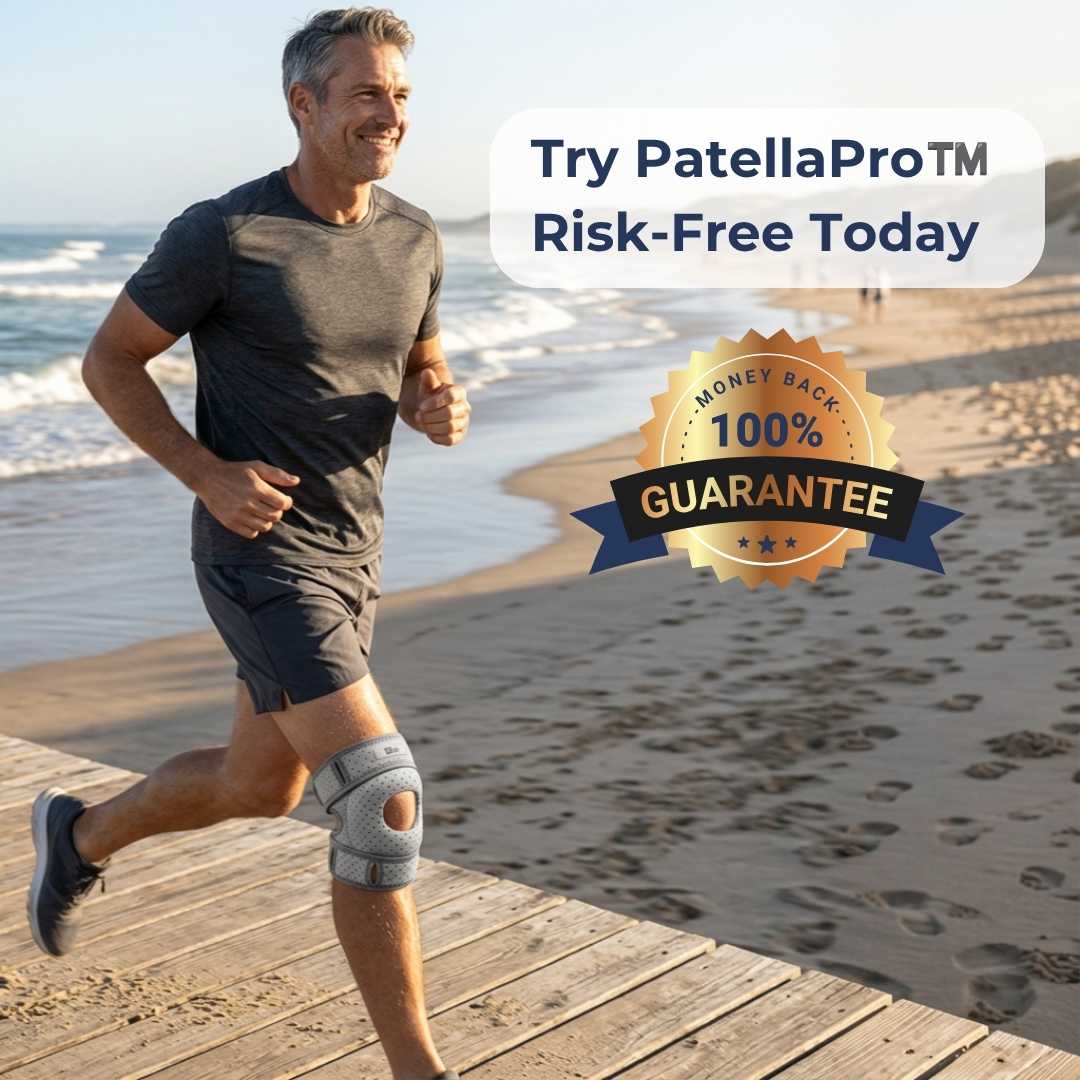A man jogging on a wooden boardwalk by the beach wearing a PatellaPro knee support brace. Promotional text reads 'Try PatellaPro™ Risk-Free Today' with a '100% Guarantee' badge.