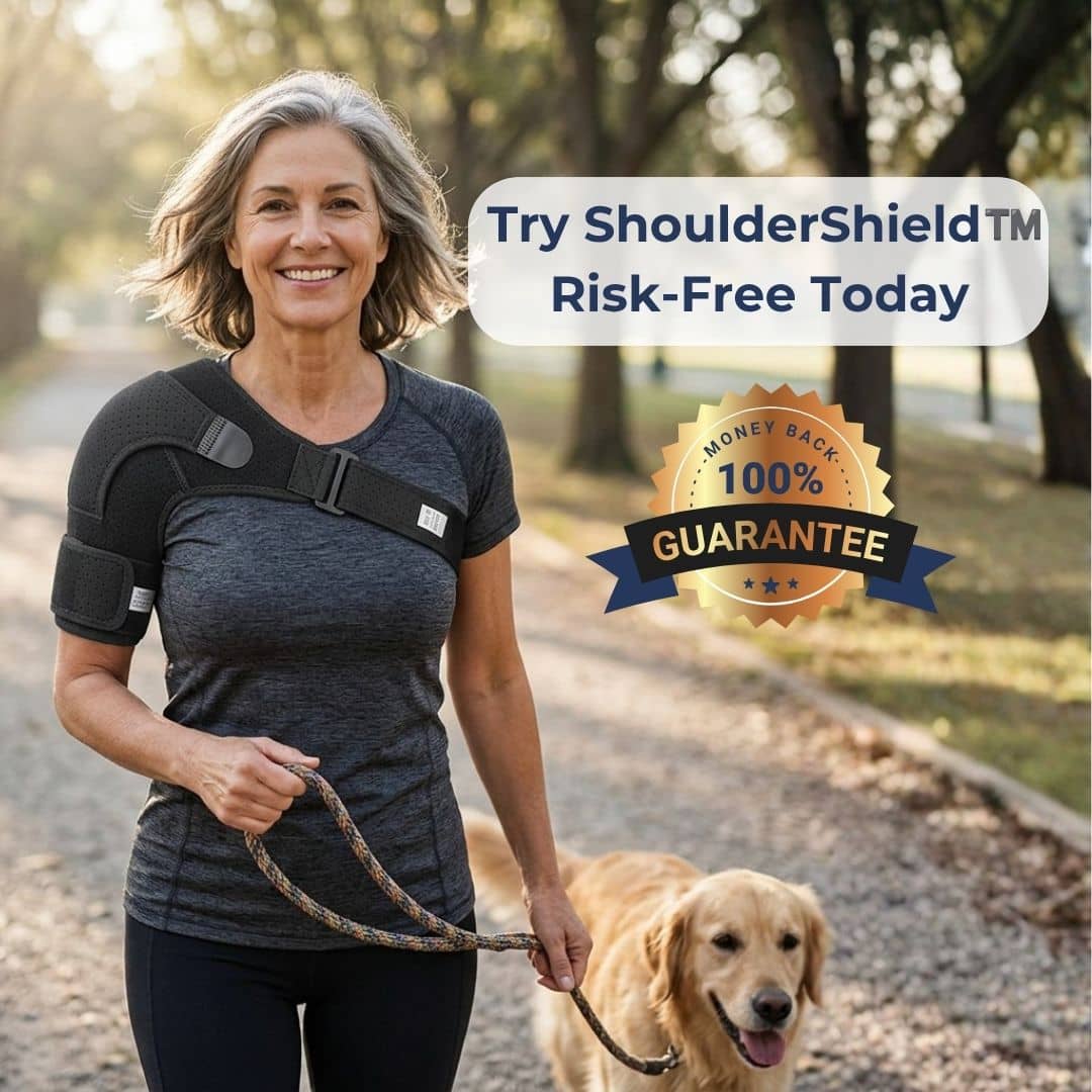 Woman wearing a ShoulderShieldTM walking a dog with promotional text overlay.
