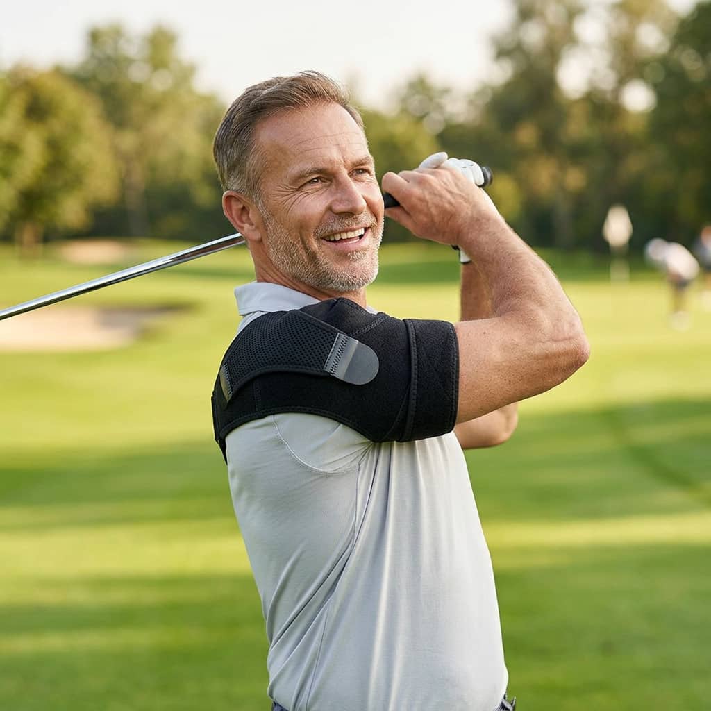 Man on a golf course with a black arm brace, holding a golf club.